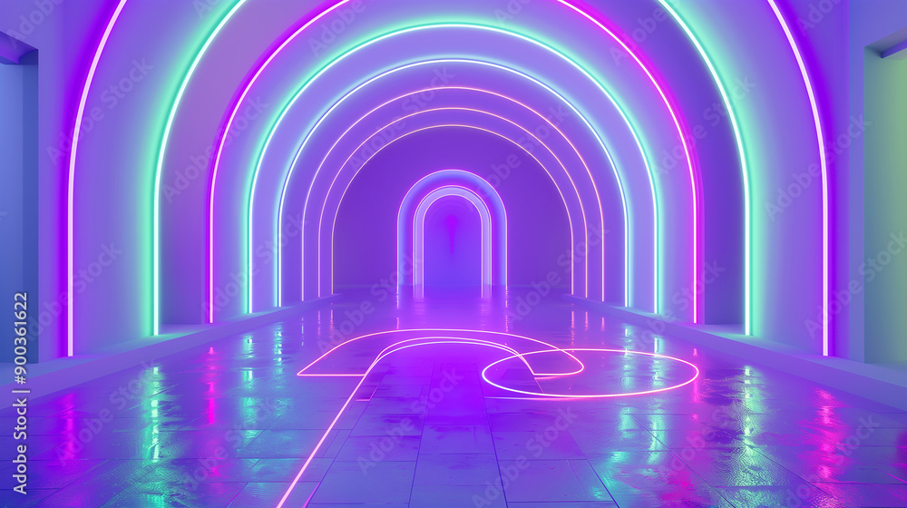 Modern 3D render of a virtual white room with neon lines in lime green and purple forming geometric circles and arcs, perfect for product, digital design projects. Modern 3D render of a virtual white room with neon lines in lime green and purple forming geometric circles and arcs, perfect for product, digital design projects.