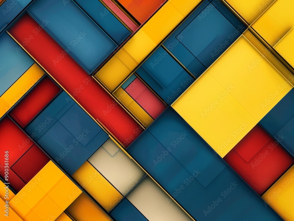 Fototapeta premium Abstract geometric pattern with overlapping squares in vibrant red, yellow, and blue colors.