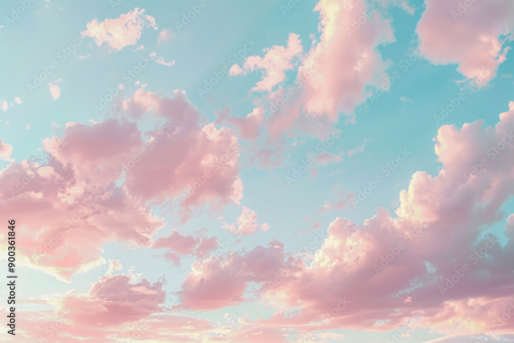 A panoramic view of a sky filled with soft pink and blue clouds A panoramic view of a sky filled with soft pink and blue clouds