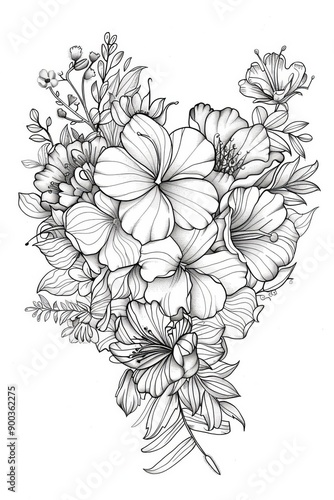 Coloring page for adults in self care journal with illustration of heart with flowers ted baker style the heart shaped flower composition is whole visible only pure black line drawing