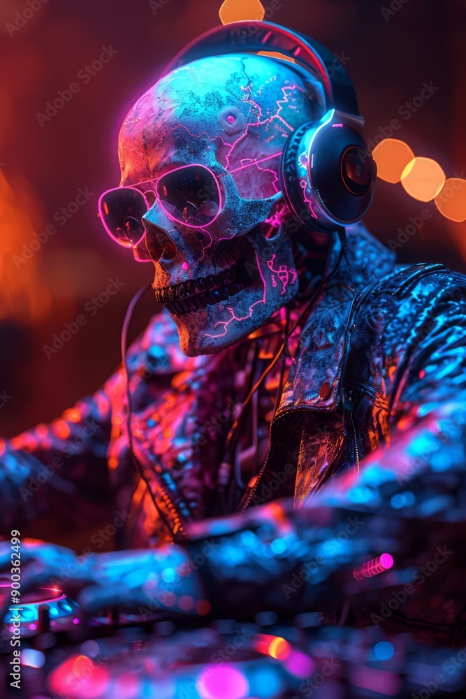 Neon cyberpunk style image featuring an anthropomorphic skeleton dj wearing headphones sunglasses and a jacket with vibrant neon accents Neon cyberpunk style image featuring an anthropomorphic skeleton dj wearing headphones sunglasses and a jacket with vibrant neon accents