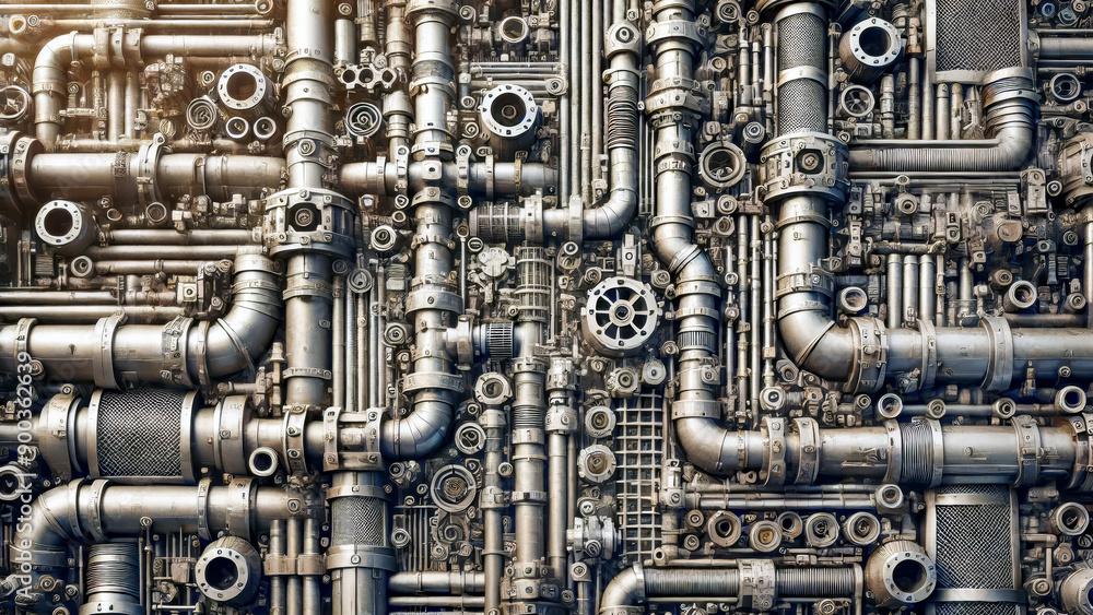 A detailed, intricate pattern of interconnected metal pipes and industrial components. The image showcases a complex network of machinery, emphasizing precision and engineering.
