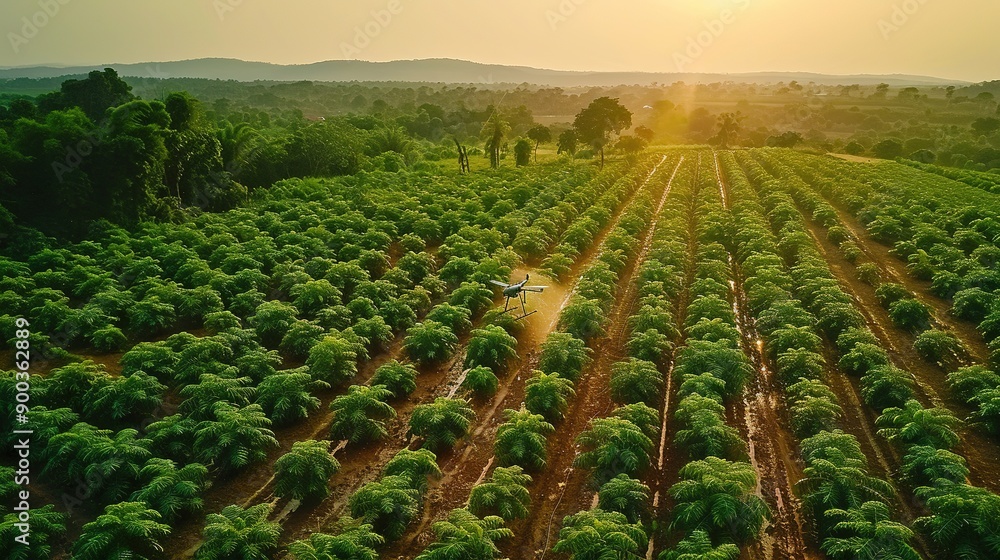 Agriculture drone fly to sprayed fertilizer on row of cassava tree. smart farmer use drone for various fields like research analysis, terrain scanning technology, smart technology concept. Agriculture drone fly to sprayed fertilizer on row of cassava tree. smart farmer use drone for various fields like research analysis, terrain scanning technology, smart technology concept.