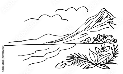 Tropical island, sea coast, mountains, nature and vegetation. Summer holiday, landscape. Simple vector drawing with black outline.