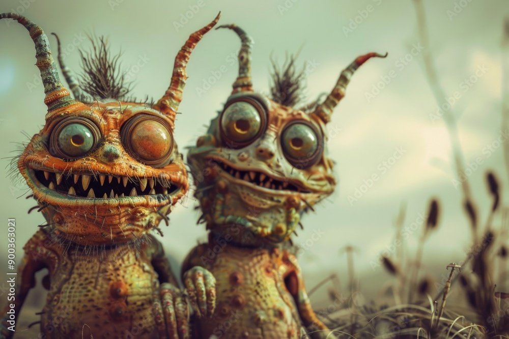 Fototapeta premium Two extraterrestrial beings stand side by side, showcasing their unique physical characteristics