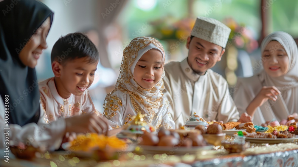 The celebration of Eid with families gathering for prayers, sharing festive meals, and exchanging gifts, capturing the joy and cultural significance of the festival The celebration of Eid with families gathering for prayers, sharing festive meals, and exchanging gifts, capturing the joy and cultural significance of the festival