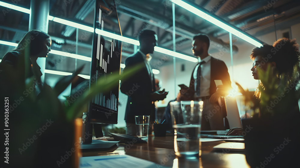 Diverse Team Analyzes Upward Trend Chart in Well-Lit Office: Fostering Teamwork and Growth Diverse Team Analyzes Upward Trend Chart in Well-Lit Office: Fostering Teamwork and Growth