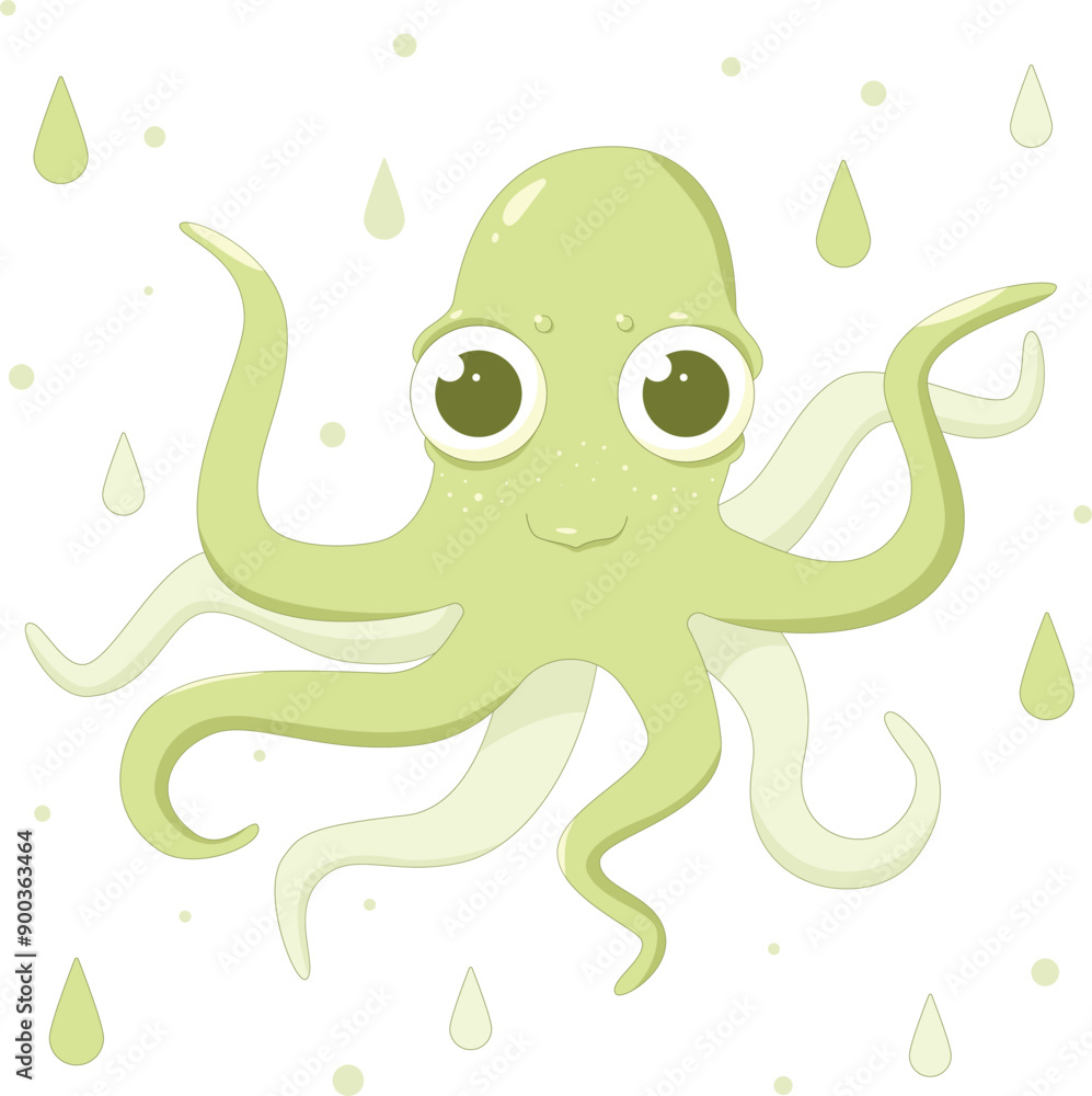 Vector illustration of a cute green octopus. Baby octopus with drops children's illustration. Octopus character. Vector illustration of a cute green octopus. Baby octopus with drops children's illustration. Octopus character.