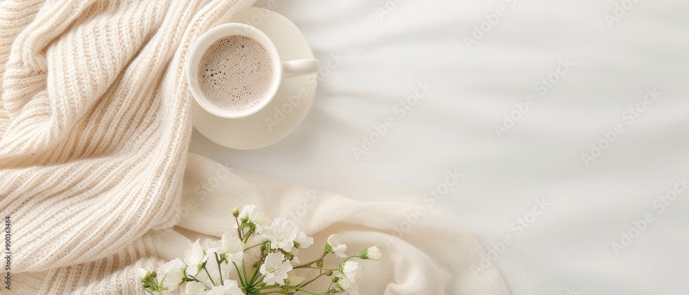 A white blanket with a cup of coffee and a bunch of flowers on it A white blanket with a cup of coffee and a bunch of flowers on it