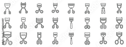 Eyelash Curler icons set. Line art icon set featuring different styles of eyelash curlers for beauty routines