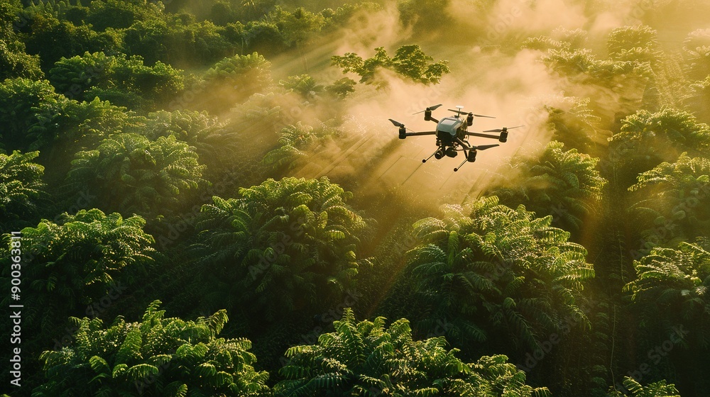 Fototapeta premium Agriculture drone fly to sprayed fertilizer on row of cassava tree. smart farmer use drone for various fields like research analysis, terrain scanning technology, smart technology concept.