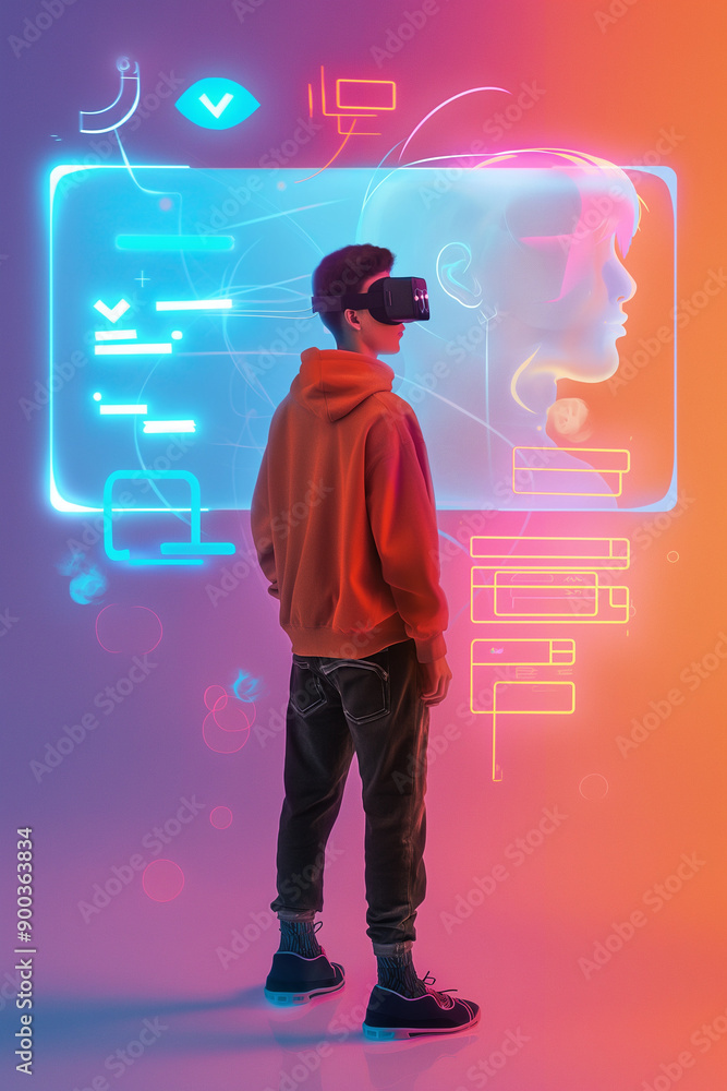 teen using artificial intelligence on virtual screen with a simple minimalist colourful UI for communicating with friends online - future social media concept teen using artificial intelligence on virtual screen with a simple minimalist colourful UI for communicating with friends online - future social media concept