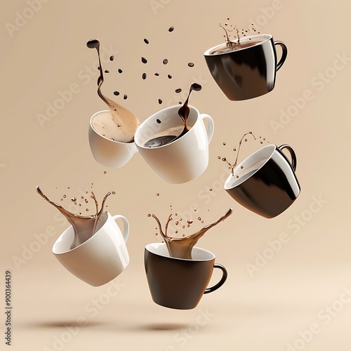 Realistic image showcasing multiple coffee cups floating in the air, each cup captured with intricate detail and lifelike textures photo