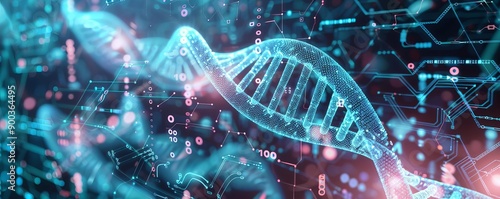 An imaginative scene depicting the fusion of biology and technology with a digital DNA strand and circuit board elements photo