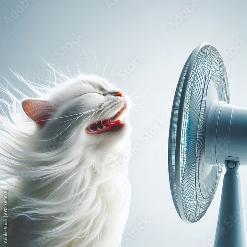 white cat enjoys the breeze from the fan