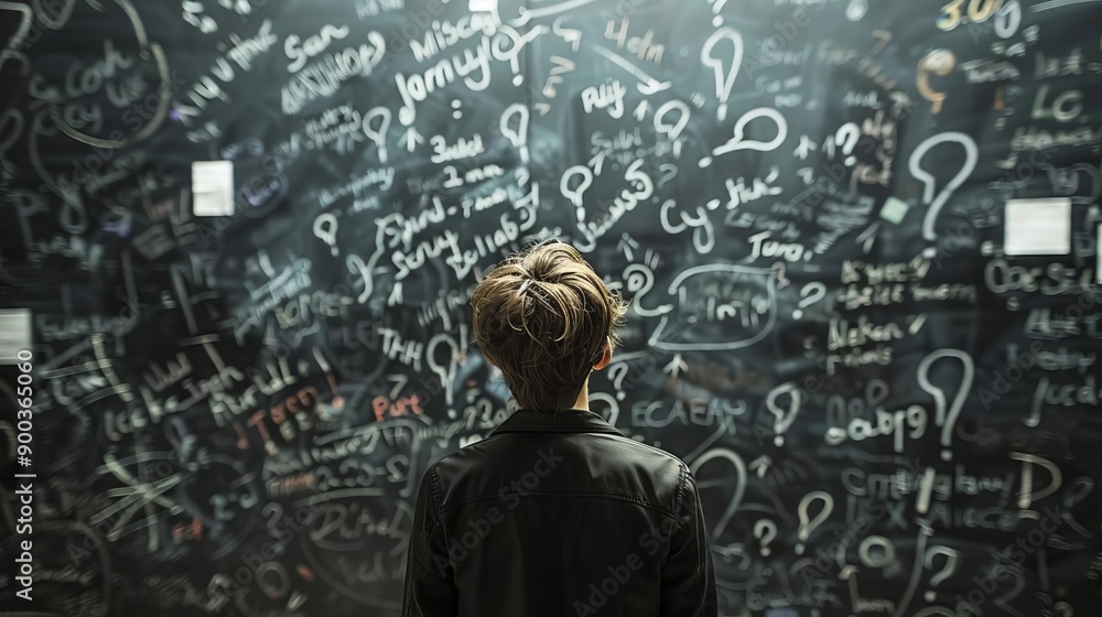 A back view of a person staring at a blackboard filled with scribbles and question marks, symbolizing uncertainty A back view of a person staring at a blackboard filled with scribbles and question marks, symbolizing uncertainty
