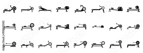 Rowing Machine icons set. Athletes training on rowing machine using oars icon set. Simple set of athletes training on rowing machine using oars vector icons for web design on white background