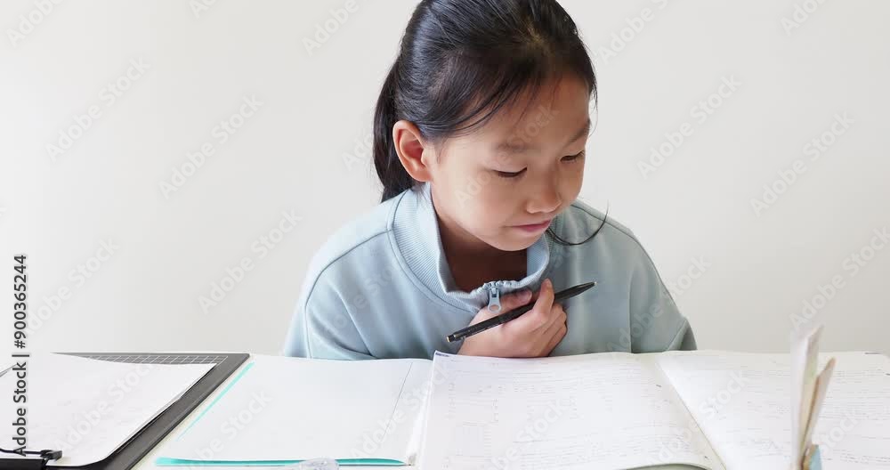 家で夏休みの宿題をする小学生の女の子の様子 家で夏休みの宿題をする小学生の女の子の様子