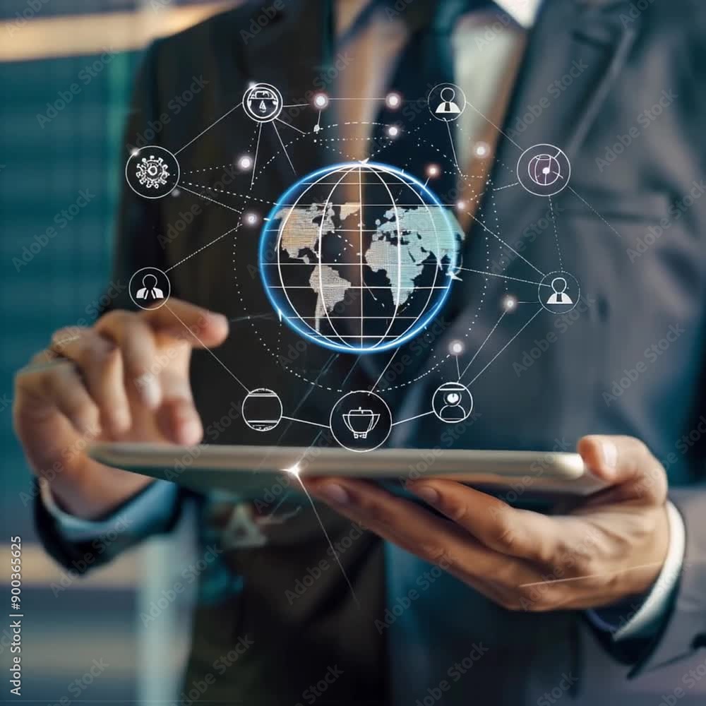 Businessman engaging with global digital world map and network icons on a tablet Businessman engaging with global digital world map and network icons on a tablet