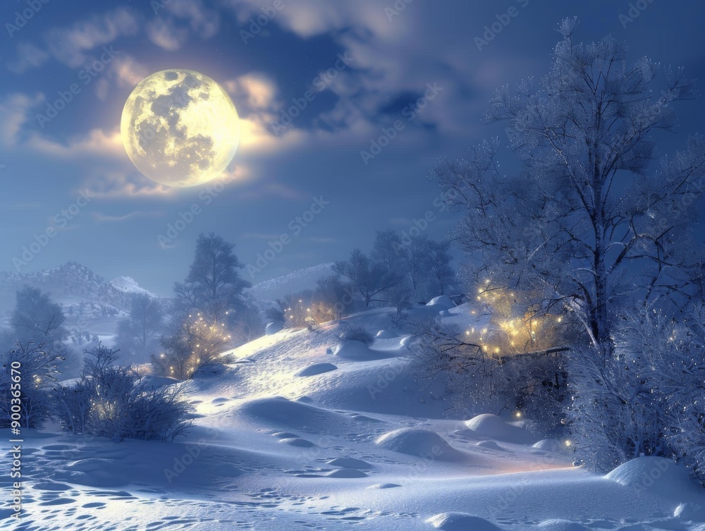 A snowy winter night scene with a full moon illuminating a small village. The landscape is covered in a blanket of fresh snow. A snowy winter night scene with a full moon illuminating a small village. The landscape is covered in a blanket of fresh snow.