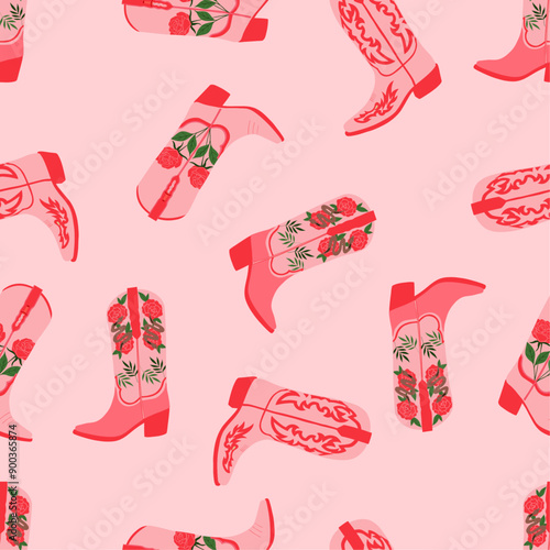 Seamless pattern with cowboy boots with different ornament. Wild West fashion style. Cowboy western theme. Pink background. Hand drawn vector illustration