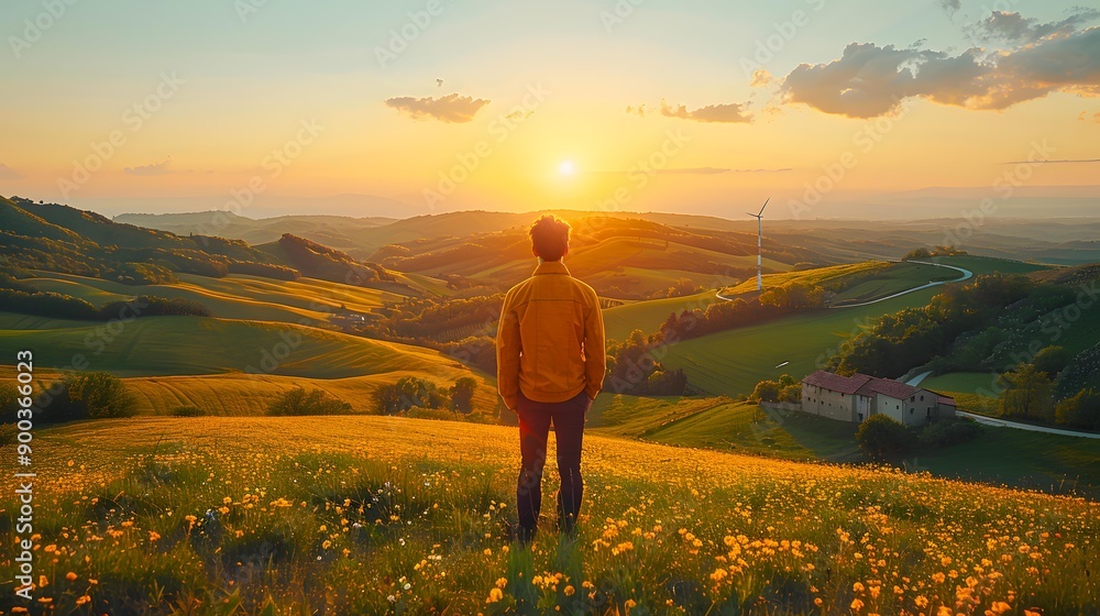 A man stands on a hill, overlooking a beautiful sunset and rolling green hills with wildflowers in the foreground, ideal for use in content related to nature, introspection, or travel, A man stands on a hill, overlooking a beautiful sunset and rolling green hills with wildflowers in the foreground, ideal for use in content related to nature, introspection, or travel,