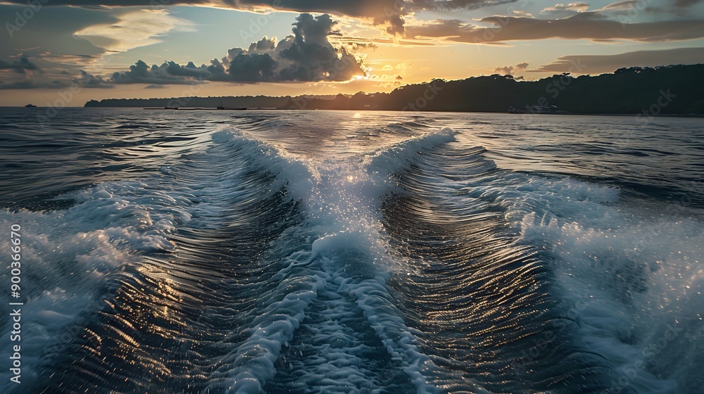 Naklejka premium Waves on blue sea behind the boat. 