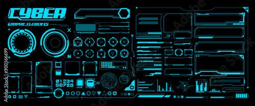 Blue Futuristic Graphic elements, Cyber Interface, Tech Border, Layout, Techno Display,  Hologram Template, Sci-fi visual illustration collection (Editable)
