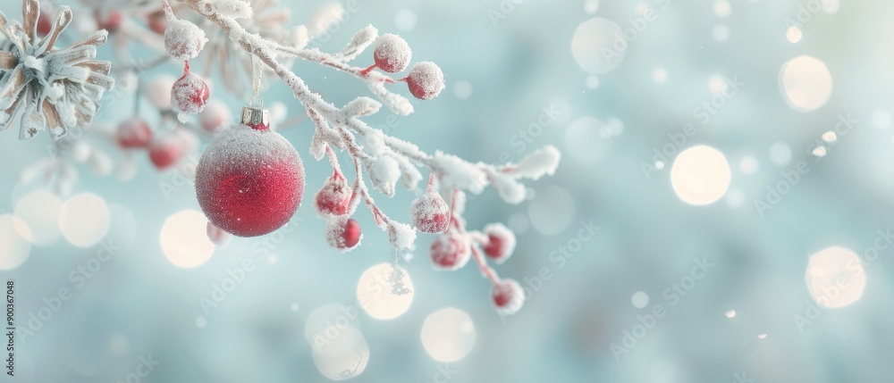 A red ornament hangs from a branch covered in snow A red ornament hangs from a branch covered in snow
