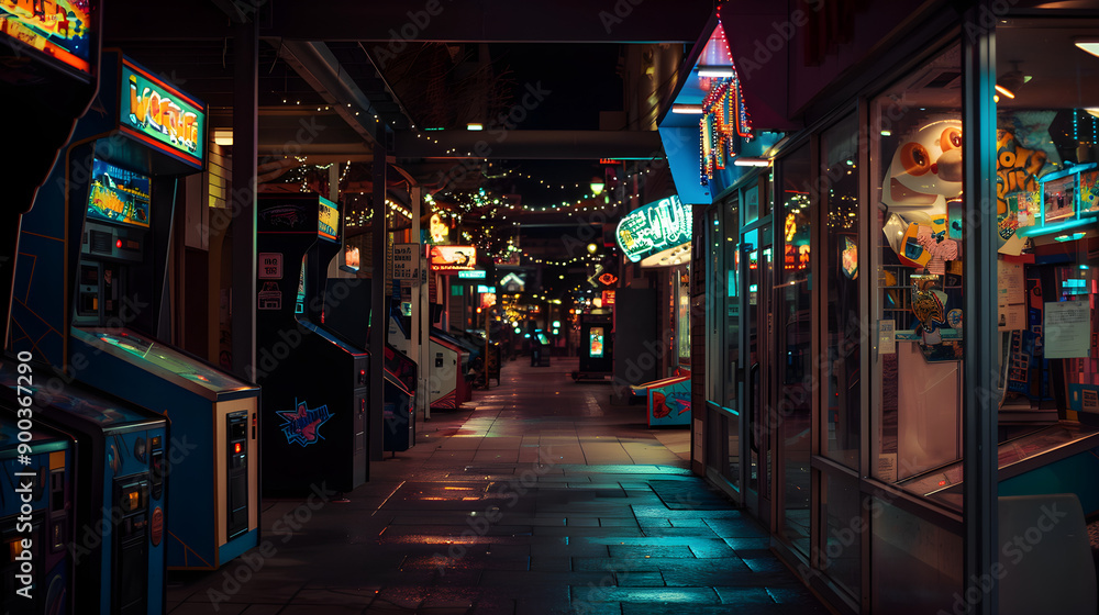 Neon lights illuminate crowded streets, featuring classic arcade games and vintage storefronts. Vintage vibes aplenty. Neon lights illuminate crowded streets, featuring classic arcade games and vintage storefronts. Vintage vibes aplenty.