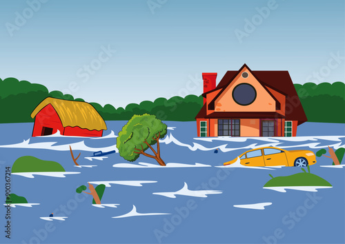 Vector illustration of Flood natural disaster drowned houses and car