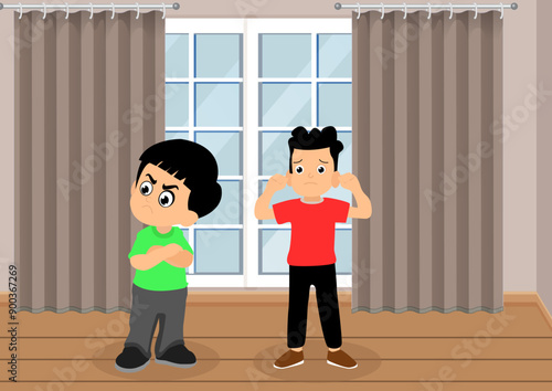 Illustration of a little boy saying sorry by holding ears to his friend
