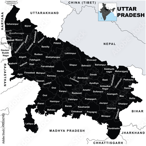 Detailed Silhouette vector Illustration of Uttar Pradesh map State and District map with neighbour geographical map of Uttar Pradesh