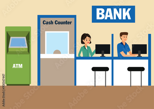 Vector illustration of bank office interior ATM, cash counter and other staff working on their desk