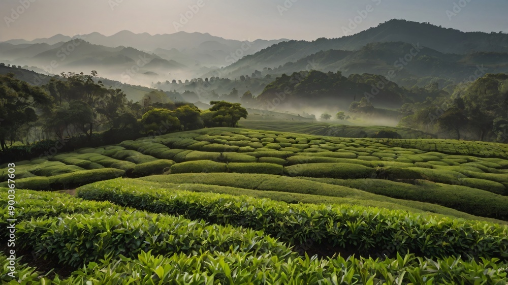 Emerald tea terraces cascade down verdant hillsides, a patchwork quilt of nature's artistry Emerald tea terraces cascade down verdant hillsides, a patchwork quilt of nature's artistry
