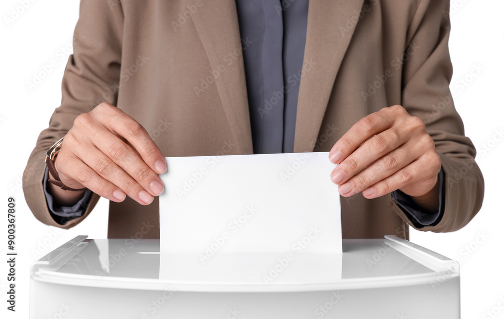 Woman putting her vote into ballot box against white background, closeup Woman putting her vote into ballot box against white background, closeup