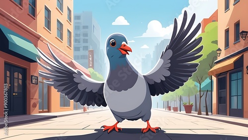 Gray dove with outstretched wings and an orange beak standing on a city street. Ideal for urban wildlife or birdrelated content. photo