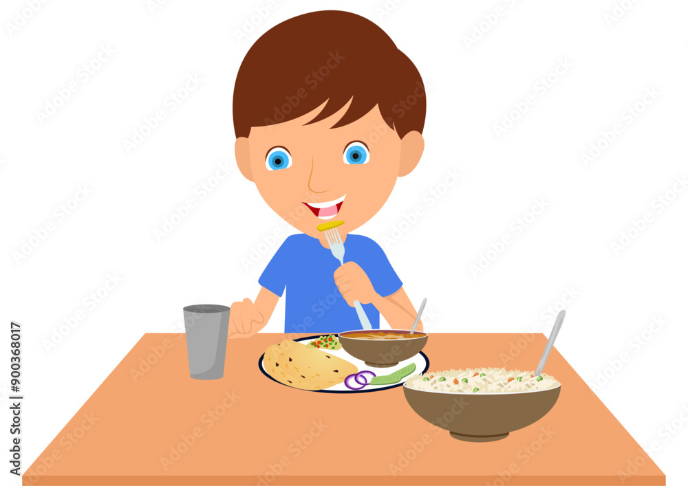 Little boy eating healthy food rice, chapati, salad and vegetable Little boy eating healthy food rice, chapati, salad and vegetable