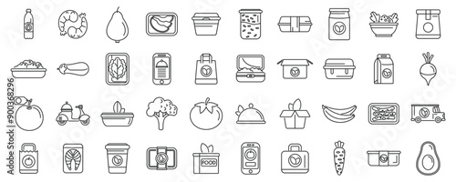 Healthy meal delivery icons set. Line icons are representing various aspects of food delivery service including online ordering using a smartphone app
