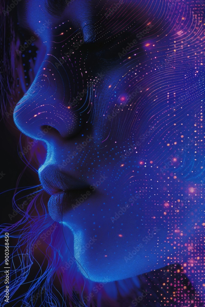 Abstract digital human head made from dots in neon colors. Facial recognition. Digital soul of machine, software visualization. Artificial intelligence and neural network concept Abstract digital human head made from dots in neon colors. Facial recognition. Digital soul of machine, software visualization. Artificial intelligence and neural network concept