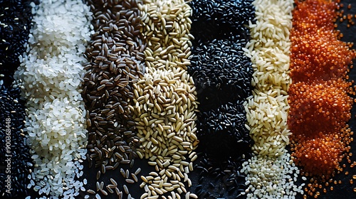 Assortment of Rice Grains on Black Background. photo