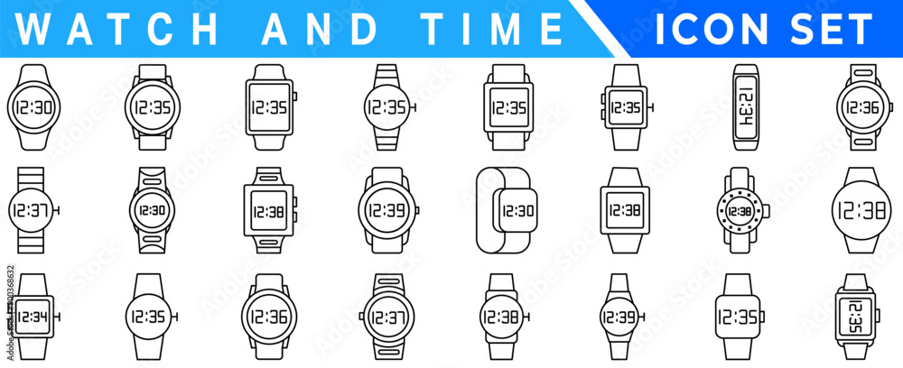Watch & time wrist vector outline set icon. Isolated outline set icon wristwatch. Vector illustration clock on white background Watch & time wrist vector outline set icon. Isolated outline set icon wristwatch. Vector illustration clock on white background
