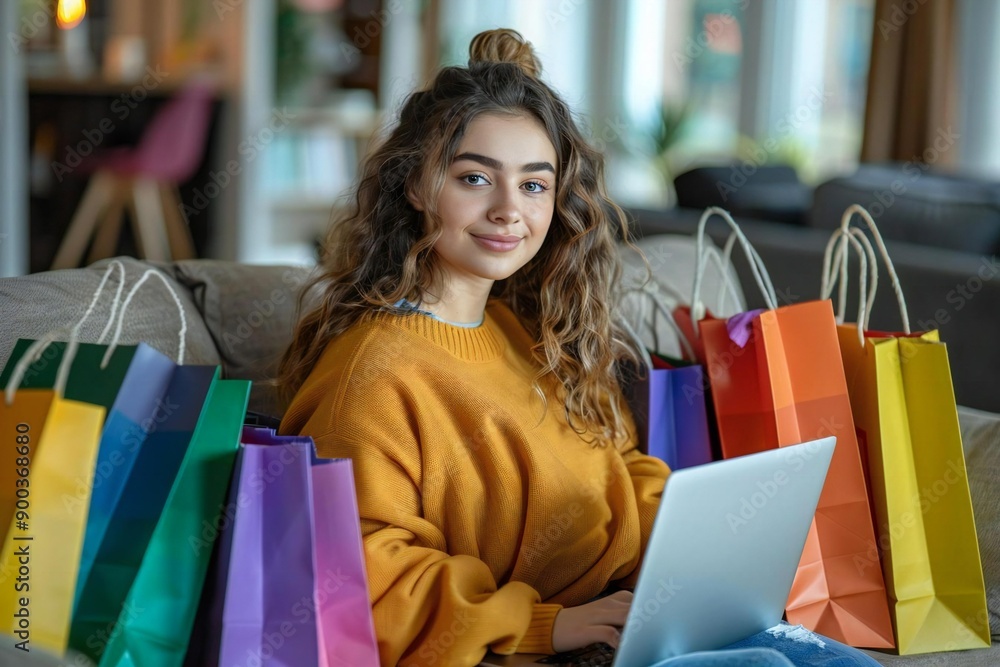 Beautiful woman sitting on a couch surrounded by colorful shopping bags, using her laptop to shop online. Beautiful woman sitting on a couch surrounded by colorful shopping bags, using her laptop to shop online.