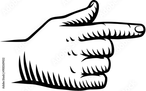 A hand pointing a finger in an etched vintage woodcut style