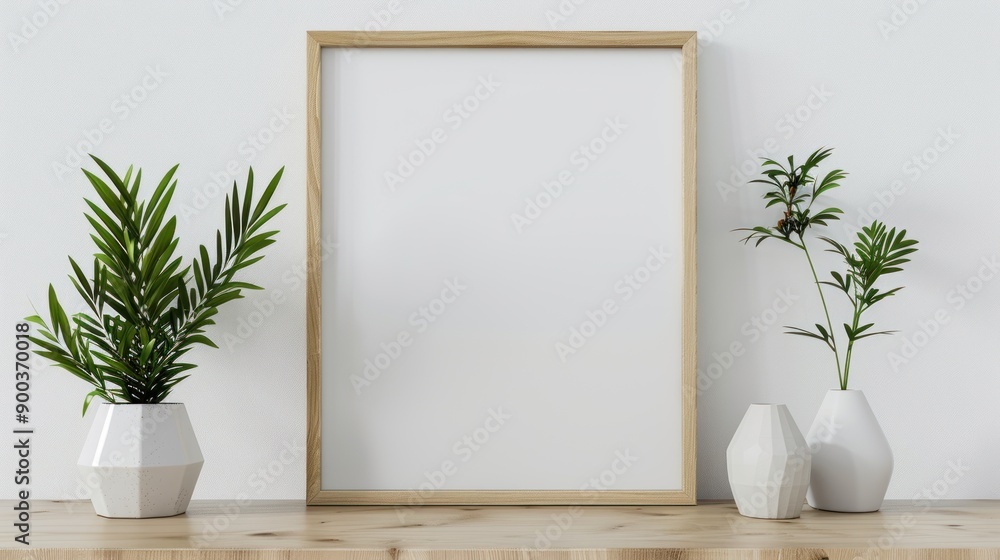 Wooden Frame Mockup with Greenery and White Vases Wooden Frame Mockup with Greenery and White Vases
