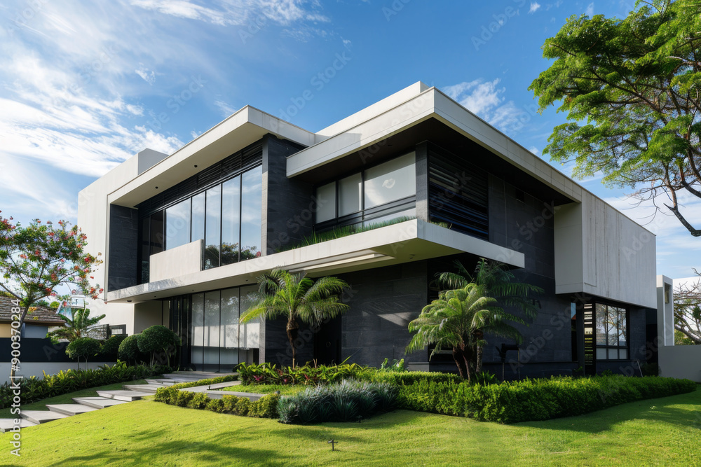 A modern house with sleek lines and a landscaped yard A modern house with sleek lines and a landscaped yard