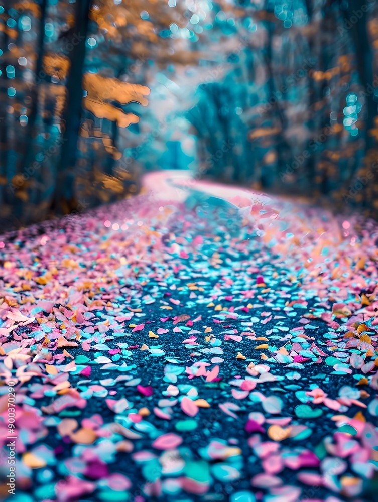 Fototapeta premium Enchanting Autumn Forest Path Lined with Glowing Leaves