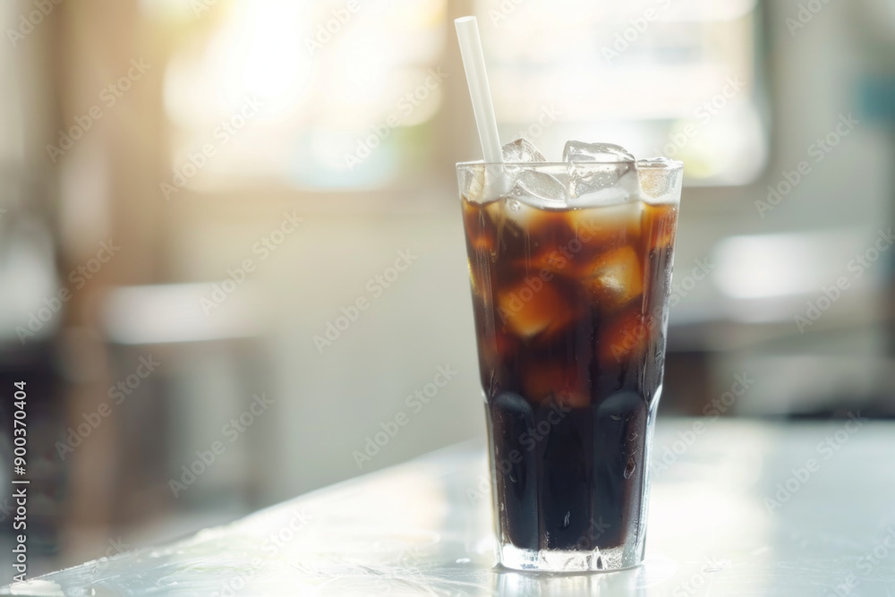 A glass of iced coffee with ice cubes and a straw on a table bathed in warm sunlight A glass of iced coffee with ice cubes and a straw on a table bathed in warm sunlight