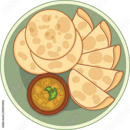 Delicious southeast asian cuisine, roti canai flatbread, served with curry sauce on plate