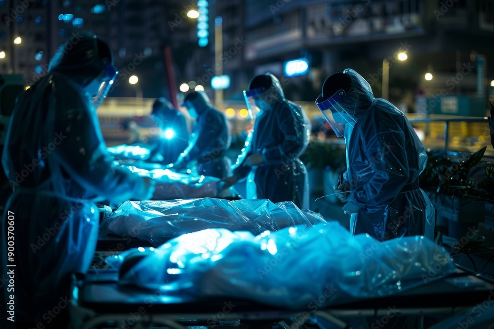 Nighttime medical team working under neon lights in urban setting. Purpose: illustrating healthcare, emergency response, or futuristic scenes. Type: conceptual, digital artwork. Generative AI Nighttime medical team working under neon lights in urban setting. Purpose: illustrating healthcare, emergency response, or futuristic scenes. Type: conceptual, digital artwork. Generative AI
